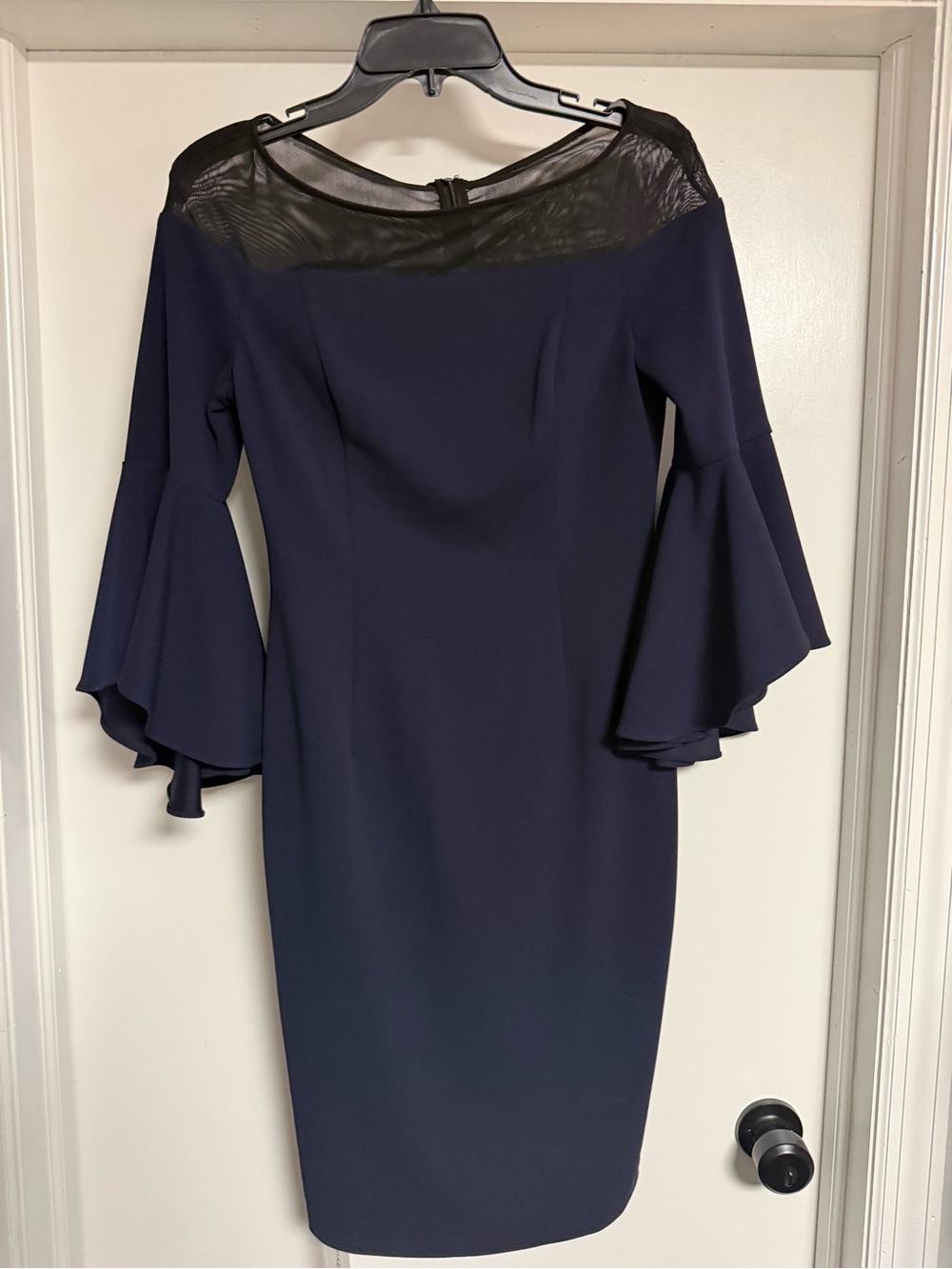 Calvin Klein Navy Sheath Dress with Mesh and Ruffle Sleeves size 4